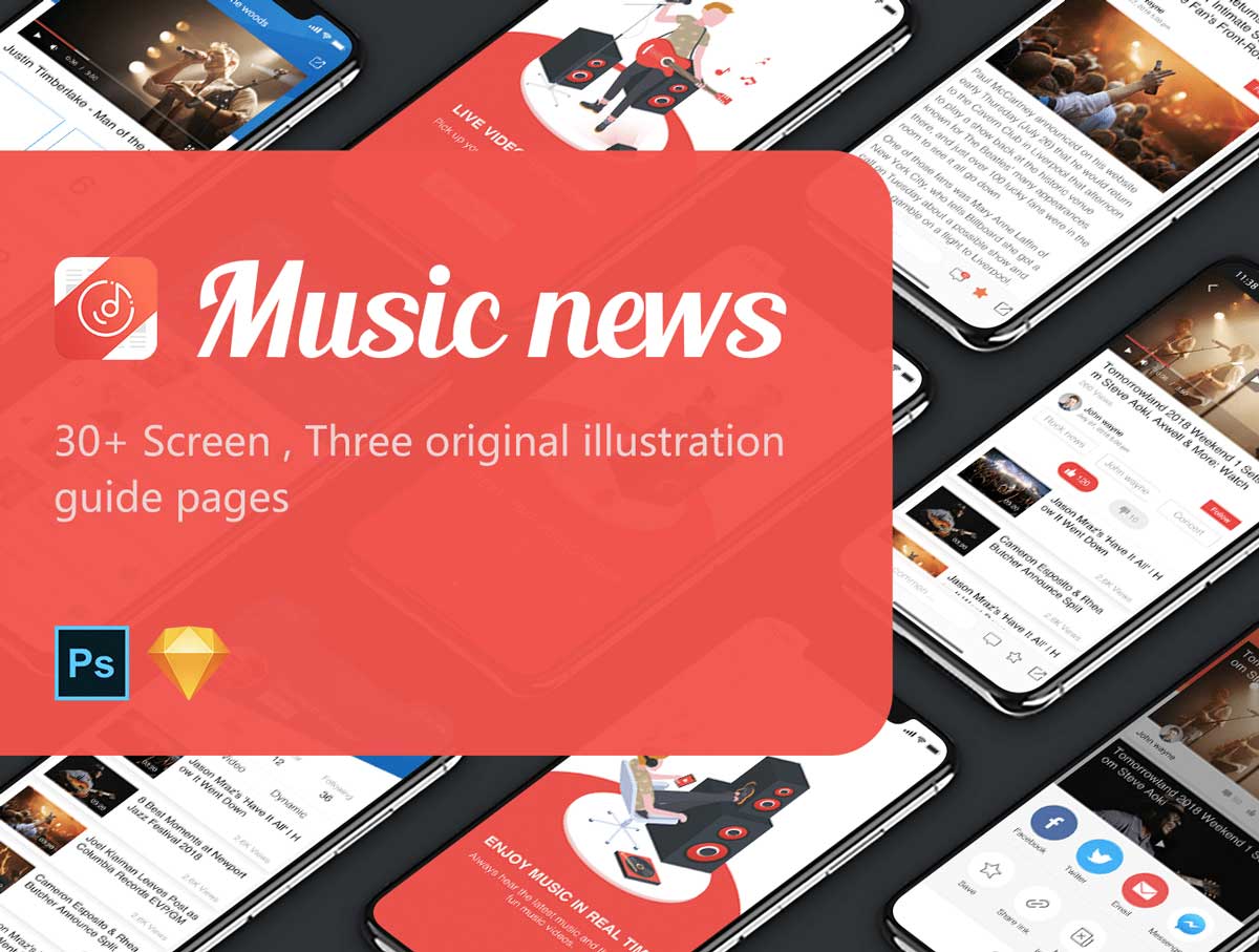 Music News成套音乐app ui设计 .sketch .psd素材