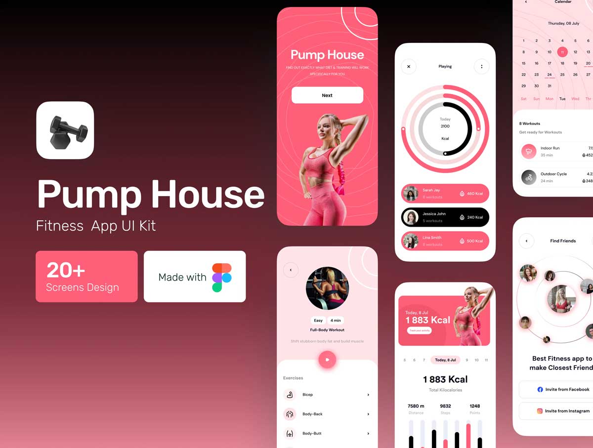 Pump House成套健身app ui设计 .fig .xd .sketch素材