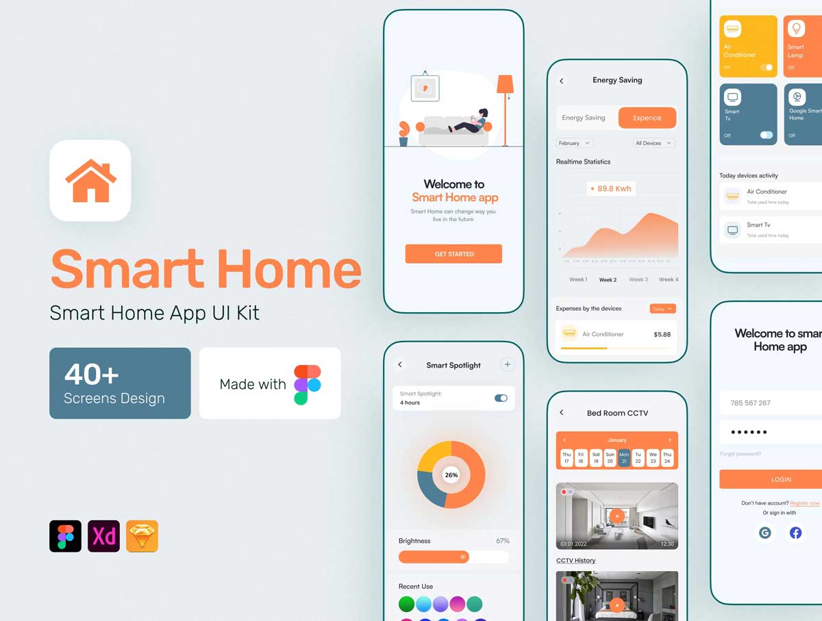 Smart Home成套智能家居app ui设计 .fig .xd .sketch素材