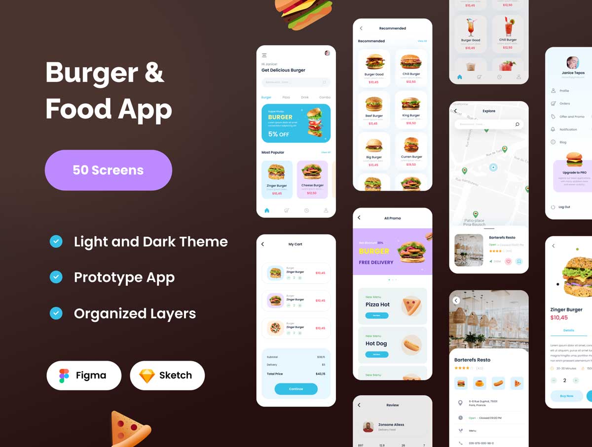 Food Burger明暗两种主题美食外卖app ui设计 .fig .sketch素材