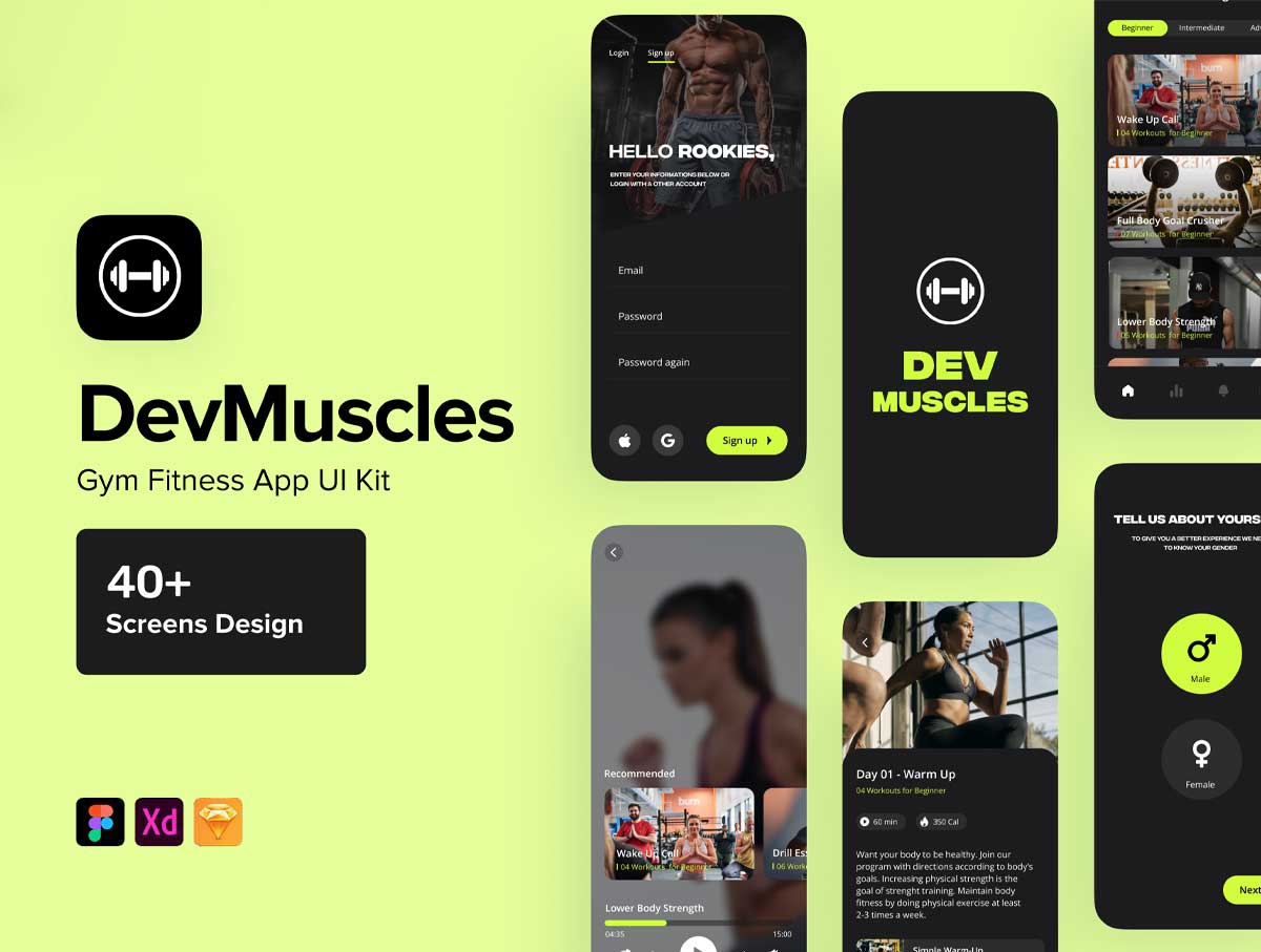 Dev Muscles成套健身app ui设计 .fig .xd .sketch素材