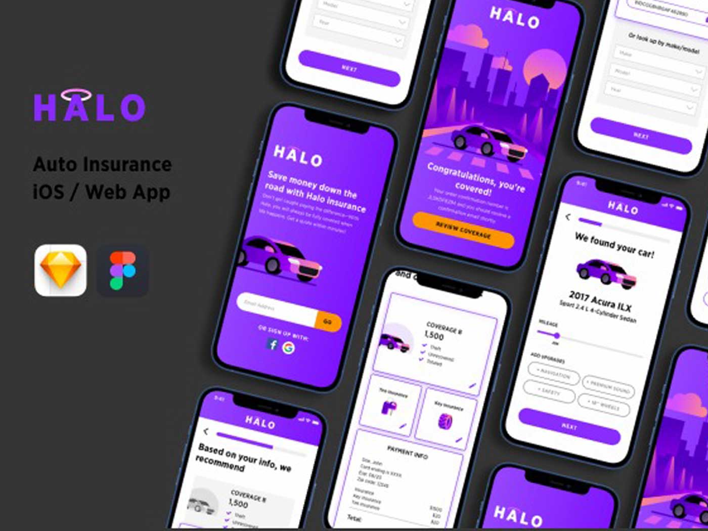 Halo汽车保险app ui设计模板 Figma素材、sketch素材
