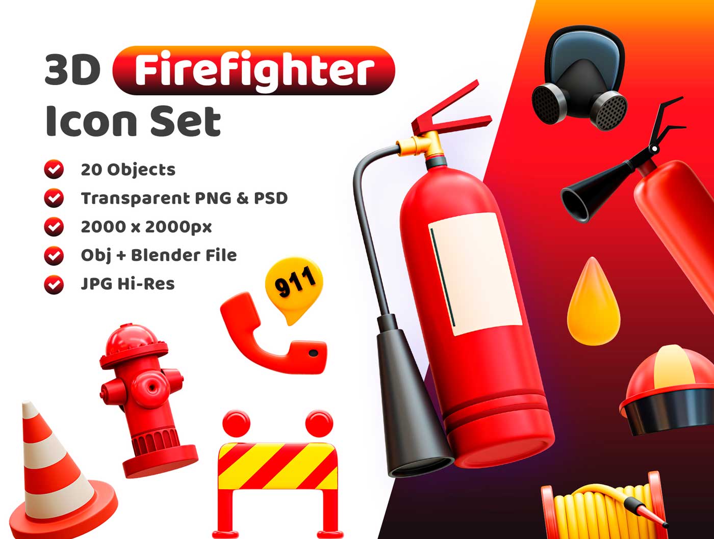 Firefighter3D消防图标设计素材 .psd .obj .blend源文件