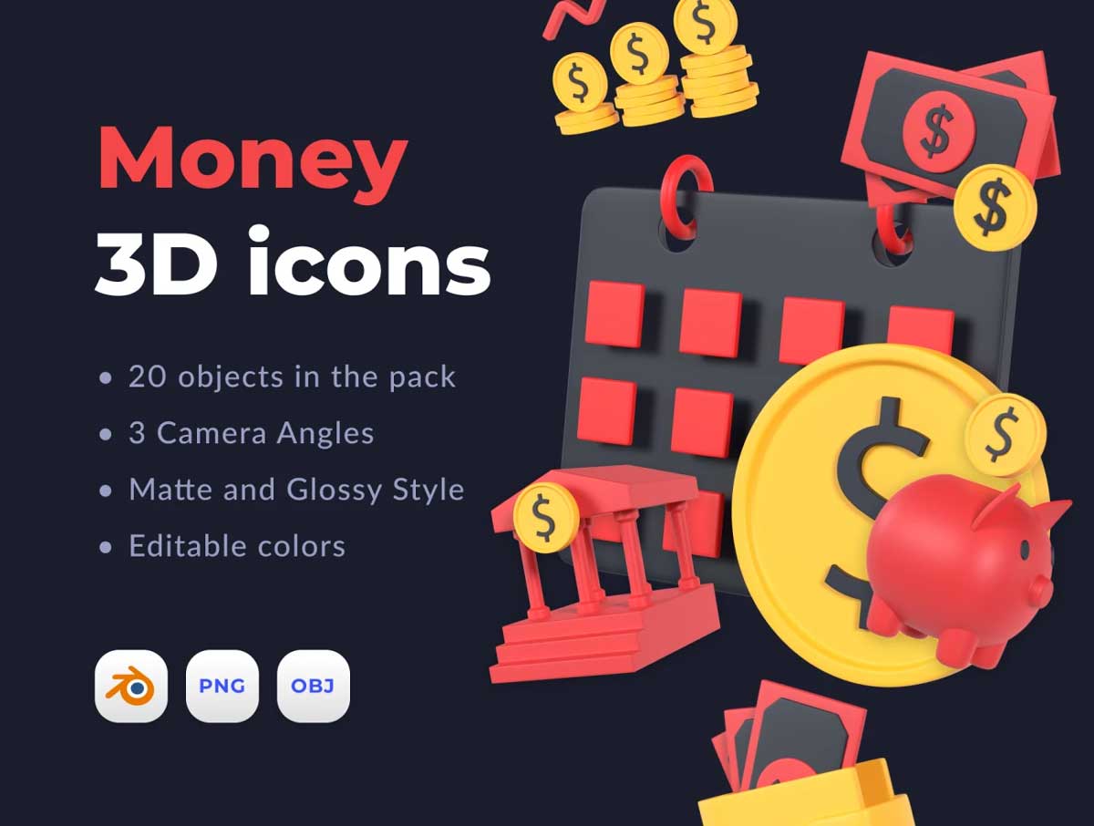 金融货币3D图标blender模型素材Money 3D icons