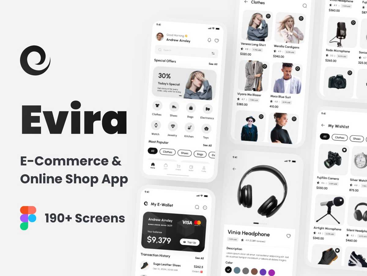 Evira电商、在线购物app用户界面设计Figma素材