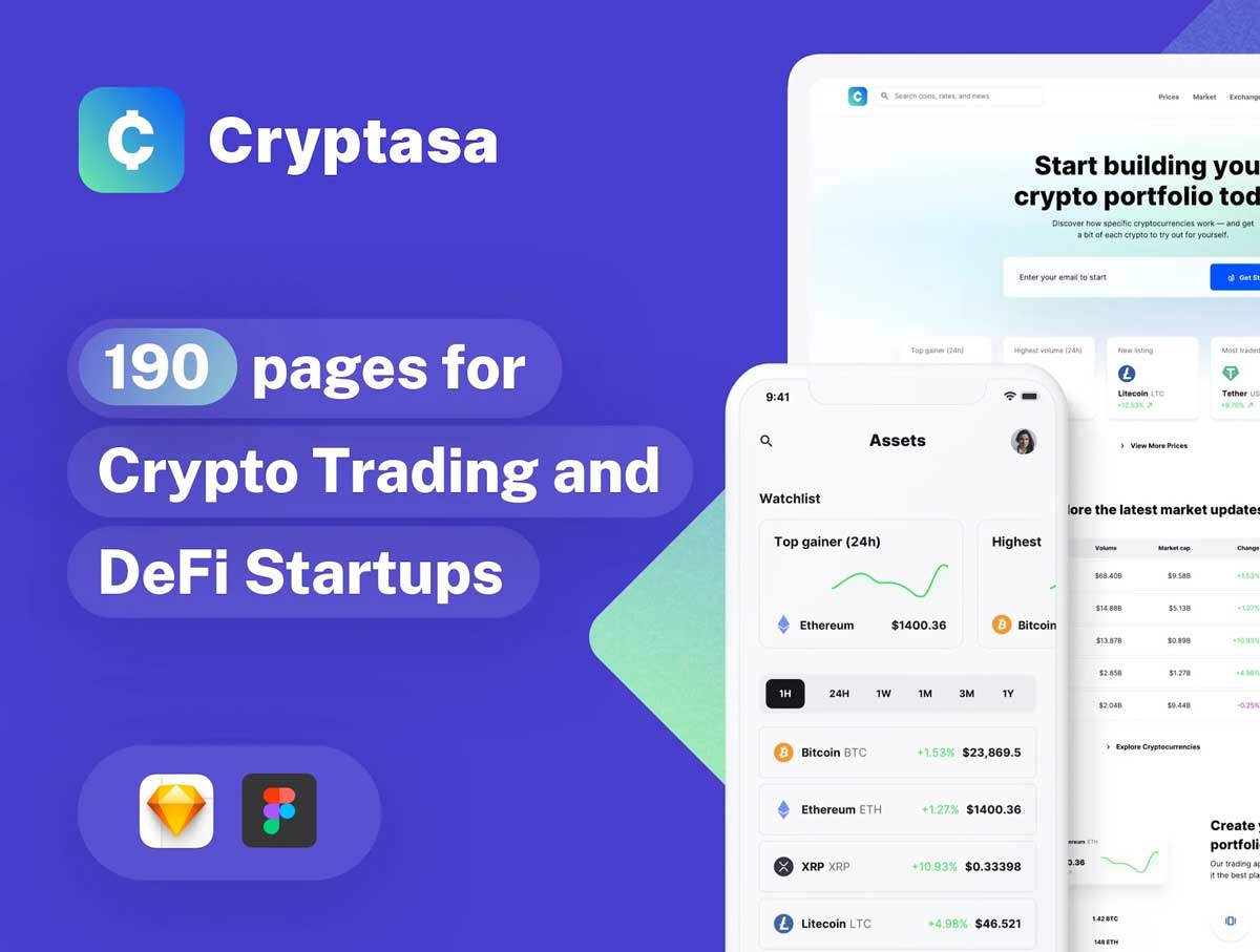 Cryptasa190+金融钱包、加密货币app/网站用户界面设计UI套件