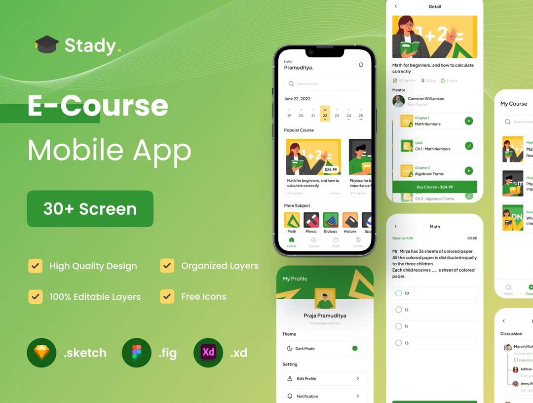 E-Course在线教育app用户界面设计素材