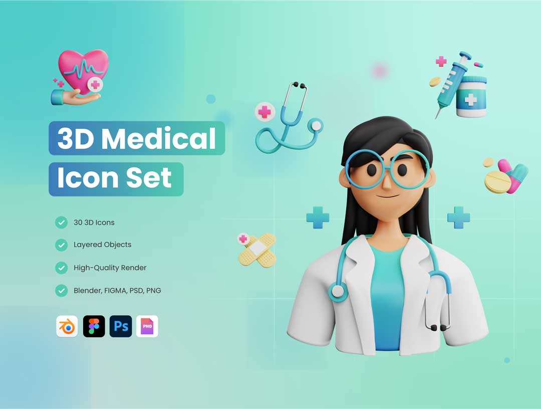 30个3D医疗和保健图标素材