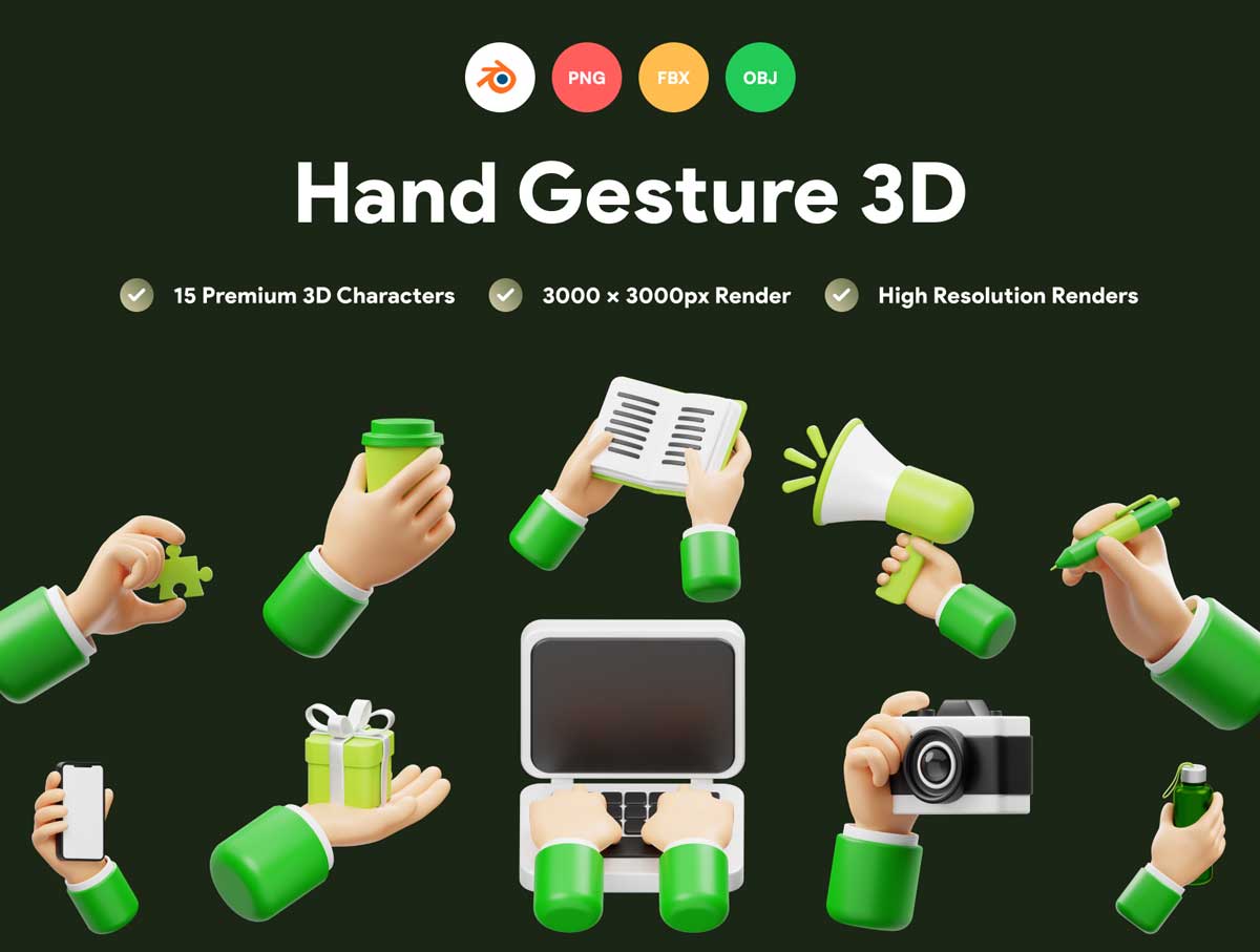 Hand Gesture-15个手势3D图标设计素材